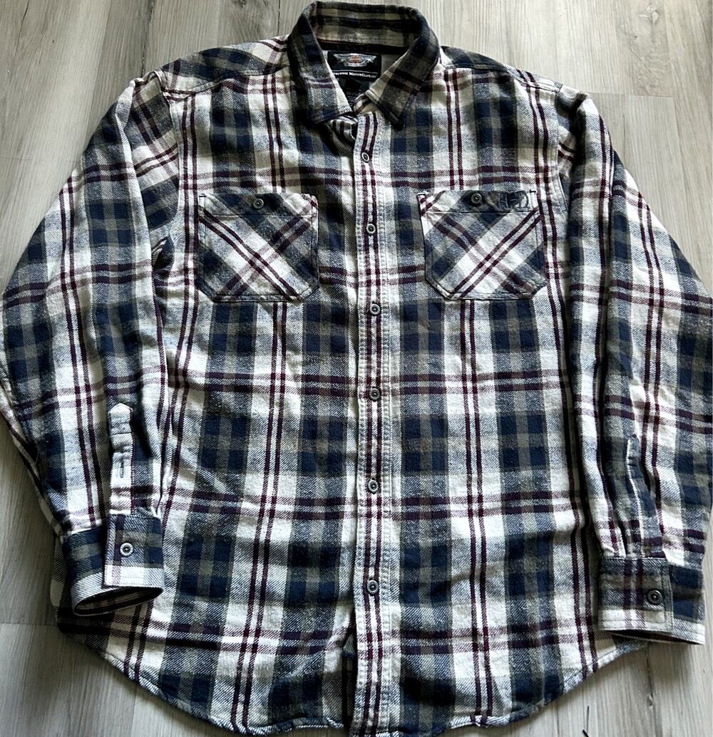 Harley Davidson Mens Flannel Button Down Embroidered Logo Blue/ Cream Sz 2XL